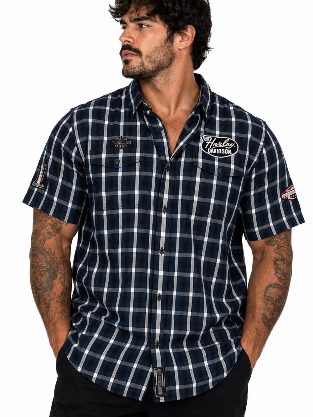 Harley-Davidson Plaid Button-Up Shirt Men’s 2XL Slim Fit Short Sleeve Patch Logo